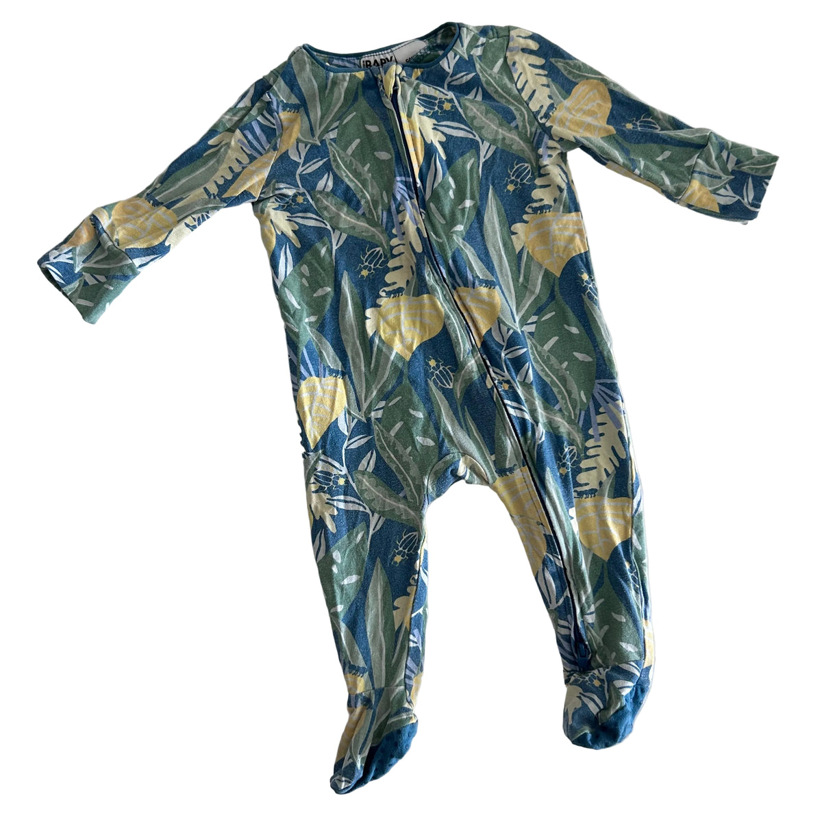 Cotton On Age 00 long sleeve zip footed onesie in teal blue, green, yellow, white with tropical botanical print with leaves, flowers and beetles — gently loved condition.