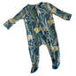 Cotton On Age 00 long sleeve zip footed onesie in teal blue, green, yellow, white with tropical botanical print with leaves, flowers and beetles — gently loved condition.