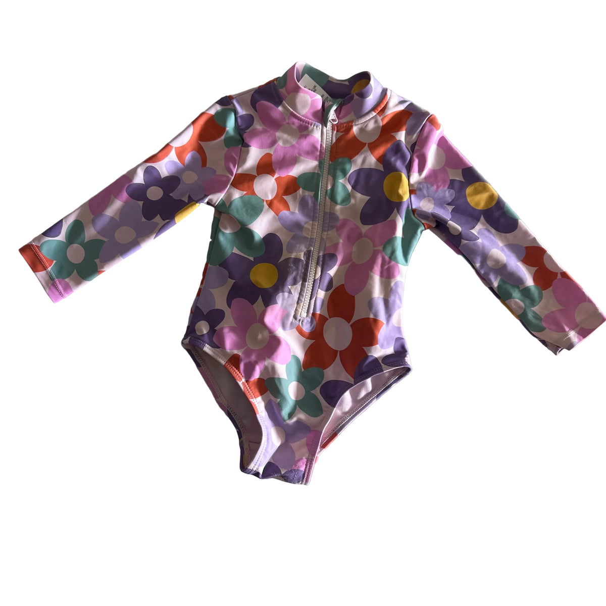 Mini Mango Age 1 long sleeved zip-up one piece swimsuit in white, purple, pink, orange, teal, yellow with retro daisy floral print — gently loved condition.