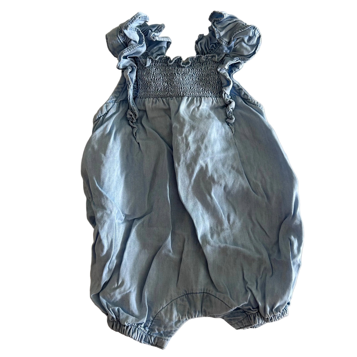 Anko Baby Age 000 sleeveless bubble romper in light blue with smocked chest, ruffle straps, elasticated leg openings — gently loved condition.