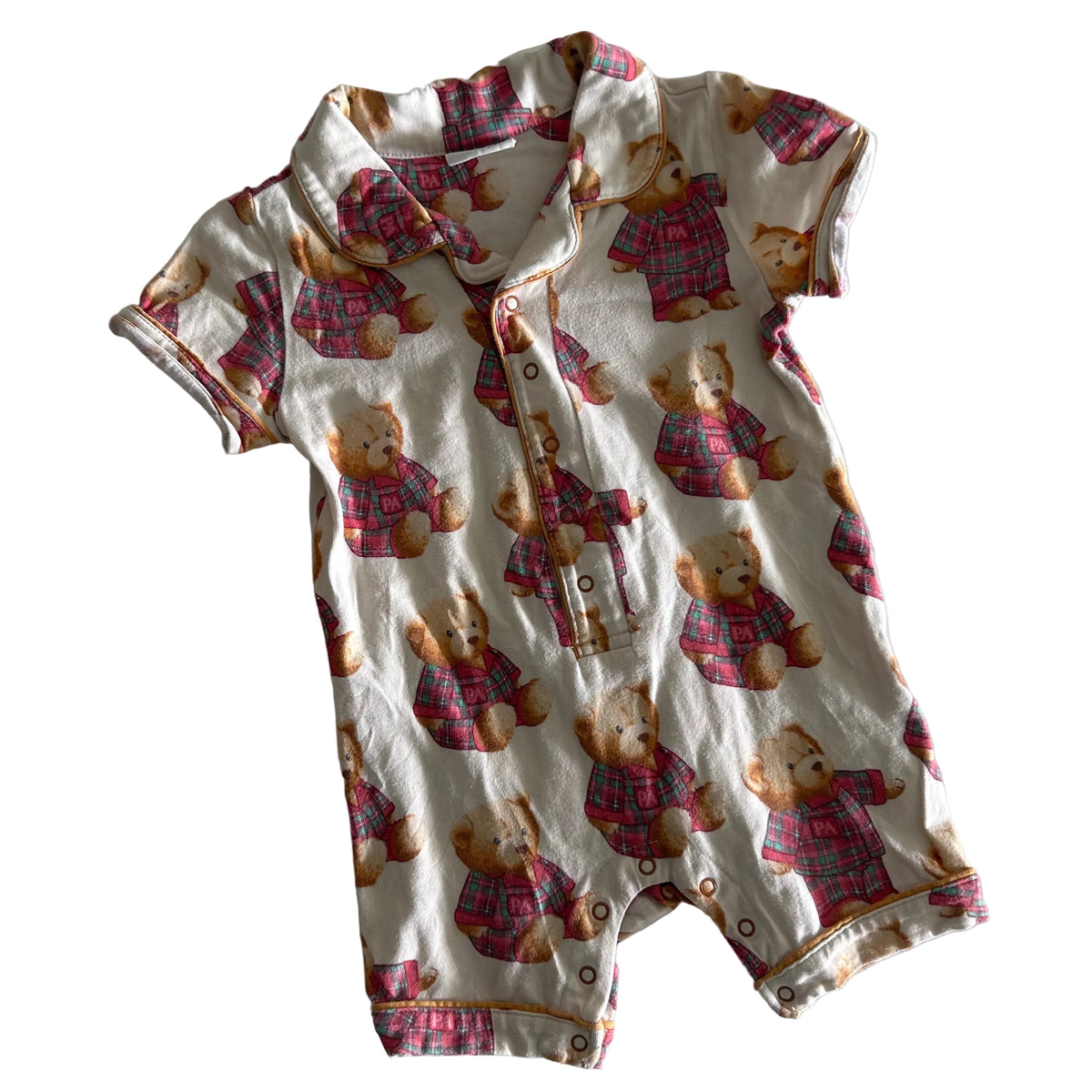 Peter Alexander Age 1 short sleeve snap-button romper pj’s in cream, pink, brown, green with allover teddy bear print with plaid outfits — gently loved condition.