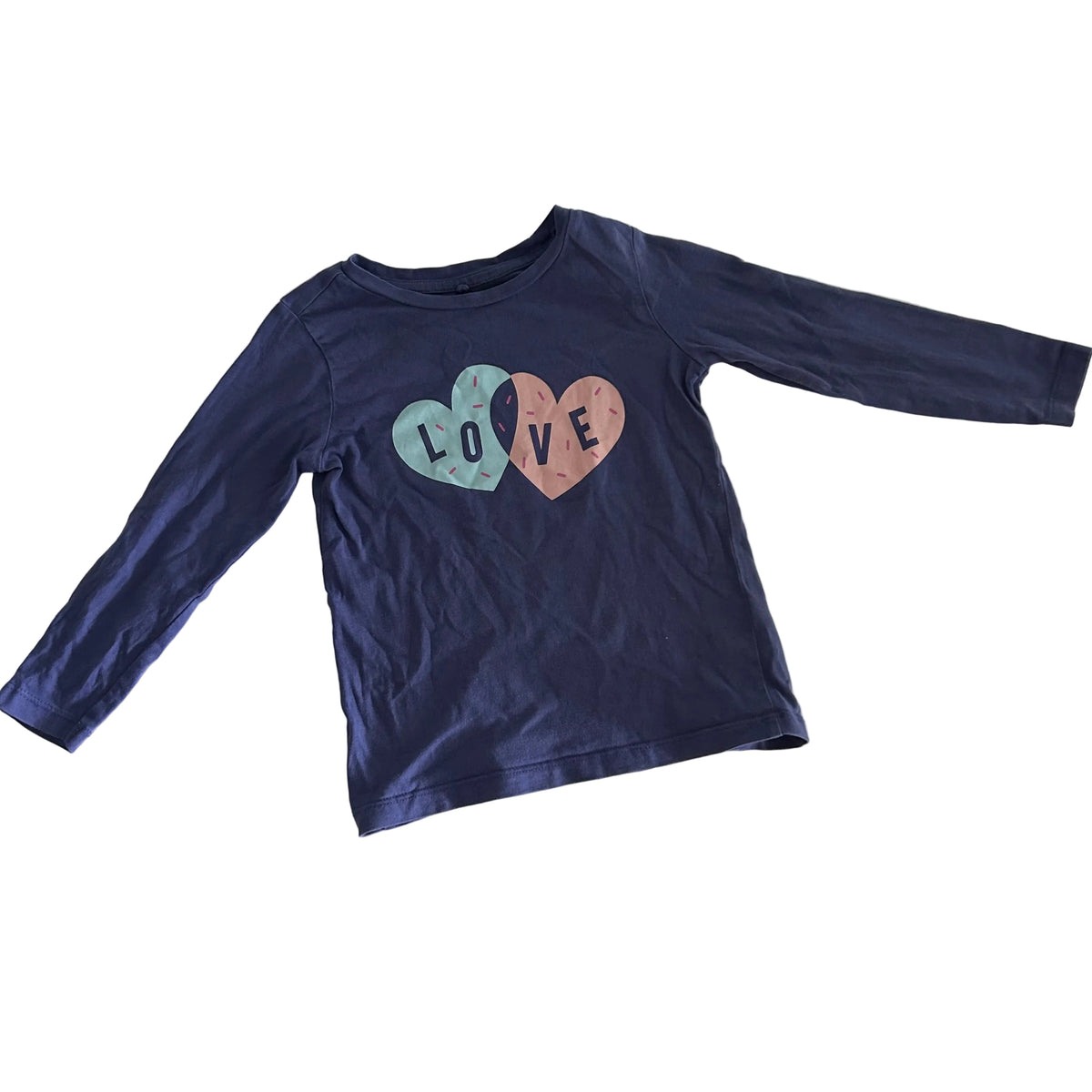 Kids & Co Age 3 long sleeved t-shirt in navy blue with two overlapping hearts graphic with 'love' text and sprinkle details — gently loved condition.