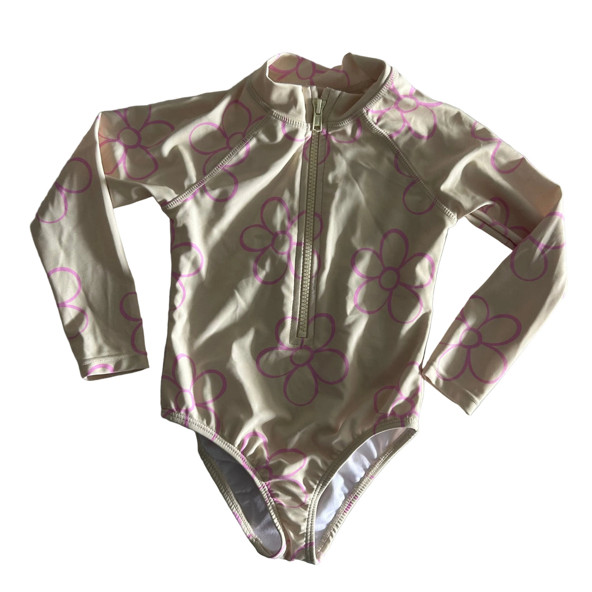 Anko Age 1 long sleeve zip-front one-piece swimsuit in cream, pink with floral outline print — gently loved condition.