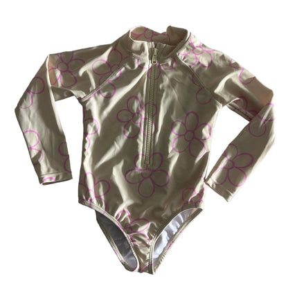 Anko Age 1 long sleeve zip-front one-piece swimsuit in cream, pink with floral outline print — gently loved condition.