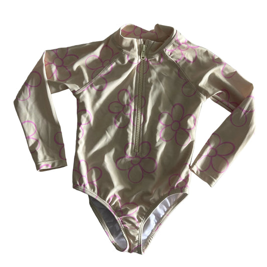 Anko Age 1 long sleeve zip-front one-piece swimsuit in cream, pink with floral outline print — gently loved condition.