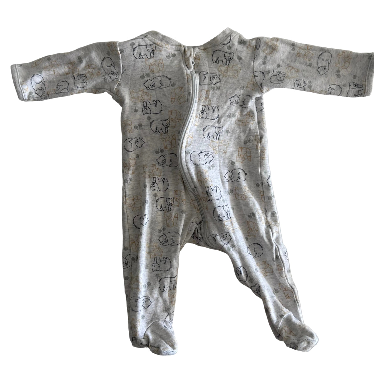 Anko Age 000 long sleeve zip footed onesie in white/light grey with all-over animal (bear/wombat) print in grey and tan — gently loved condition.