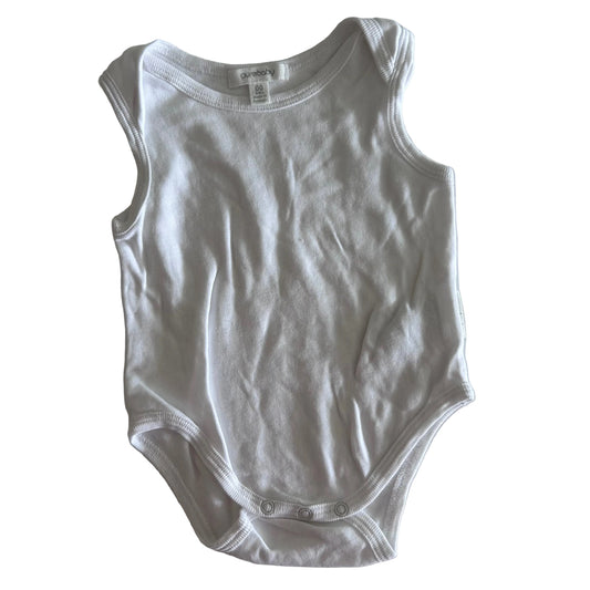 A white sleeveless baby bodysuit laid flat on a white fabric background, featuring a crew neck and three-button snap closure at the crotch.