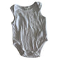 A white sleeveless baby bodysuit laid flat on a white fabric background, featuring a crew neck and three-button snap closure at the crotch.