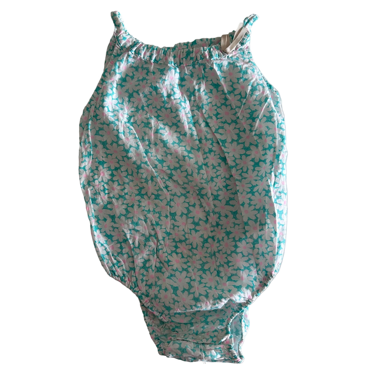Teal with white and pink floral pattern bodysuit on a pale background.