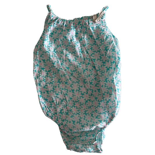 Teal with white and pink floral pattern bodysuit on a pale background.