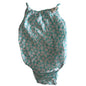 Teal with white and pink floral pattern bodysuit on a pale background.