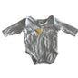 Anko Age 000 long sleeved bodysuit in grey marle with embroidered sun and appliqué clouds on chest — well loved condition.