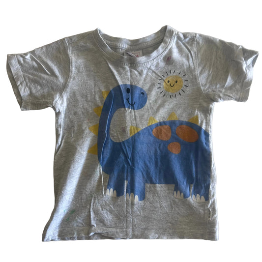 Sprout Age 2 short sleeve t-shirt in grey, blue, yellow, orange, white with cartoon dinosaur with yellow spines and orange spots, smiling sun graphic print — well loved condition.