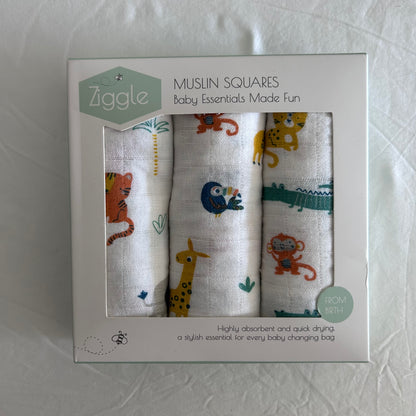 Ziggle 000, 00, 0 - ideal for a range of baby ages muslin squares (pack of 3) in white with multicolour prints with jungle animals (tiger, giraffe, monkey, crocodile, toucan, leopard) — new condition.