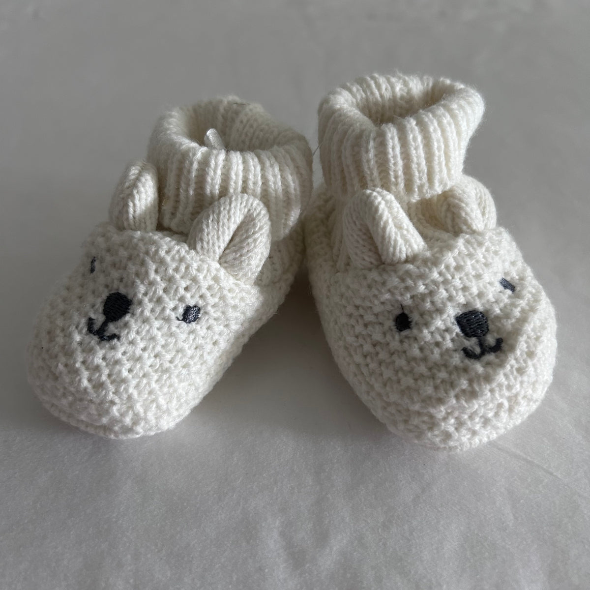 Knitted Baby Booties 13cm Cream with Bear Face
