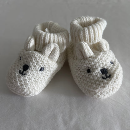 Knitted Baby Booties 13cm Cream with Bear Face