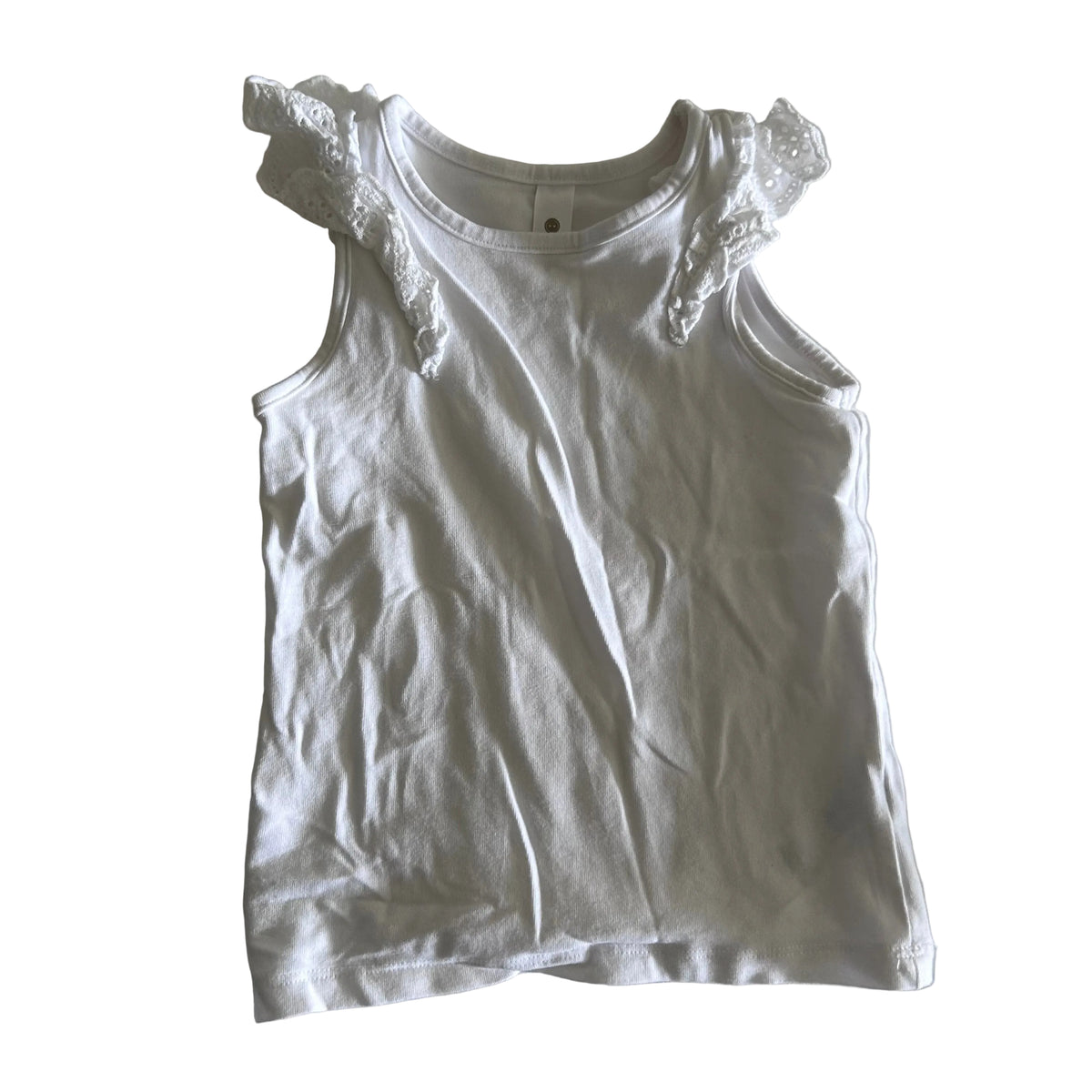 Dymples Age 0 sleeveless singlet top with lace flutter sleeves in white with eyelet lace trim on shoulders — gently loved condition.