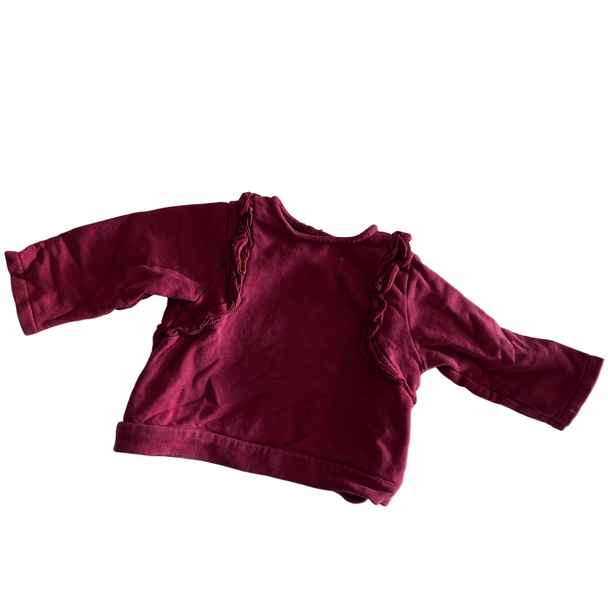 Zara Age 0 long sleeved ruffle sweatshirt in berry/dark pink with ruffle trim detail at shoulders and chest — well loved condition.