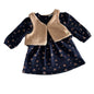 Lulu Castagnette Age 1 long sleeve floral dress with sherpa vest set in navy blue, beige with ditsy floral print on dress; textured boucle/sherpa on vest — like new condition.