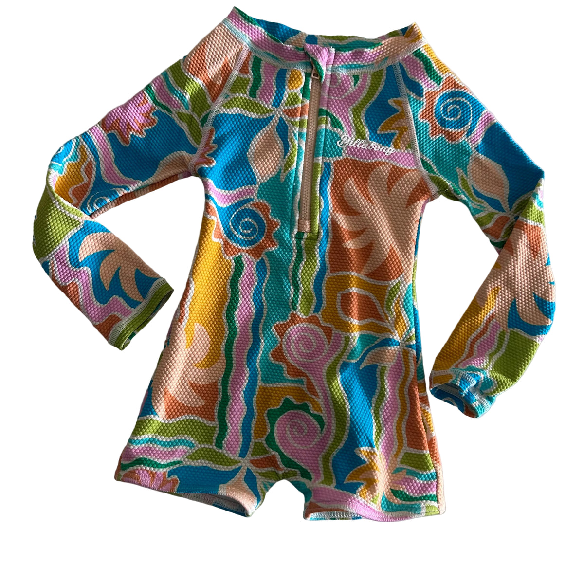 Billabong Age 1 long sleeve zip-up rashie swimsuit in blue, teal, pink, orange, yellow, green, white with abstract tropical floral and swirl print — gently loved condition.
