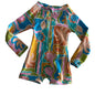 Billabong Age 1 long sleeve zip-up rashie swimsuit in blue, teal, pink, orange, yellow, green, white with abstract tropical floral and swirl print — gently loved condition.