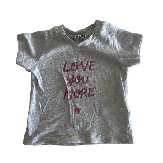 Cotton On Age 000 short sleeved t-shirt in grey marl with pink/red print with graphic text print: 'love you more' with small heart — gently loved condition.