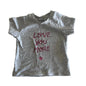 Cotton On Age 000 short sleeved t-shirt in grey marl with pink/red print with graphic text print: 'love you more' with small heart — gently loved condition.