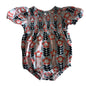 Seed Heritage Age 1 short sleeve smocked bubble bodysuit in light blue, coral/orange, navy, white with floral print with daisy flowers and leaf stems, smocked chest panel — gently loved condition.