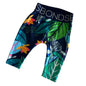 Bonds Age 0000 leggings in navy, green, teal, white, orange, pink with tropical jungle print with tigers, leaves, lotus flowers, and reptiles — gently loved condition.
