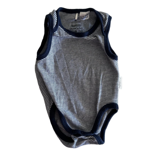 Purebaby Age 00 sleeveless bodysuit in navy and white with thin horizontal stripes — gently loved condition.