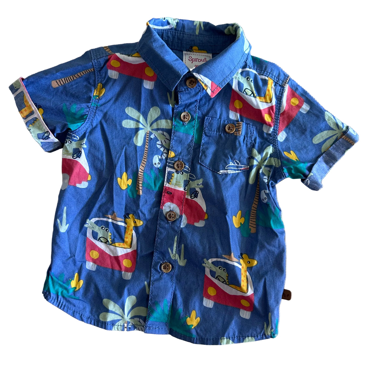 Sprout Age 000 short sleeved button up shirt in blue, red, yellow, green, white with tropical print with giraffes, crocodiles, palm trees and retro campervans — like new condition.
