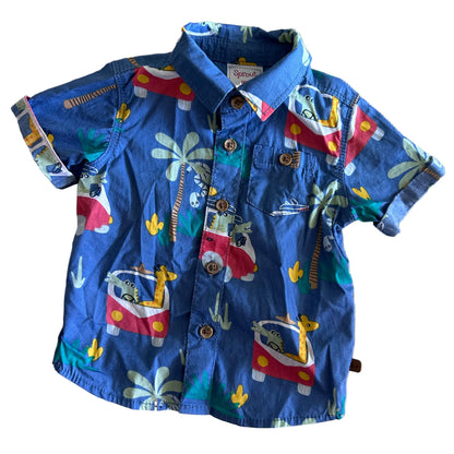 Sprout Age 000 short sleeved button up shirt in blue, red, yellow, green, white with tropical print with giraffes, crocodiles, palm trees and retro campervans — like new condition.