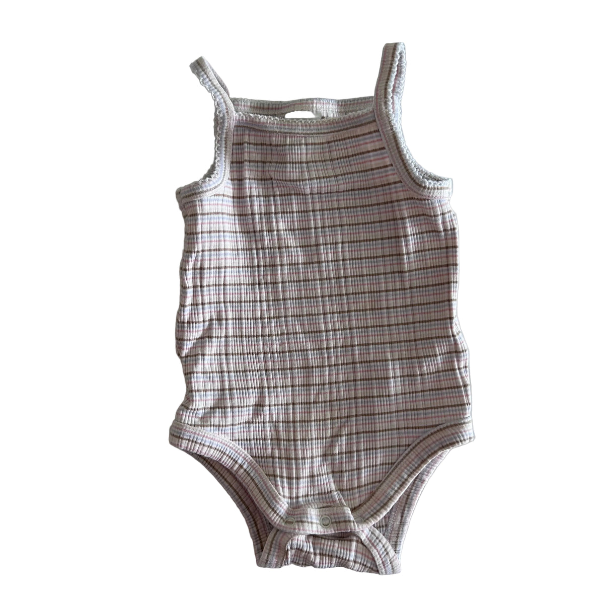 Target Age 00 sleeveless snap-crotch bodysuit in white, pink, tan, brown with plaid check — like new condition.