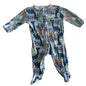 Dymples Age 00 long sleeve footed zippy onesie in light blue, teal, sage green, tan, white with all-over dinosaur print — like new condition.