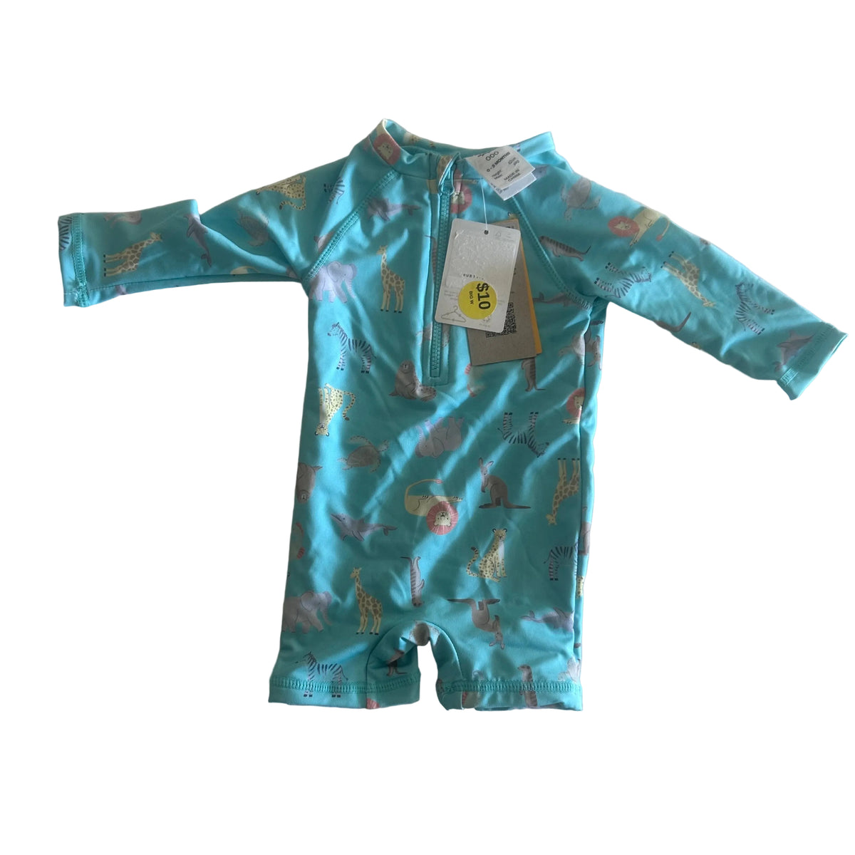 Dymples Age 000 long sleeve zip-up rashguard swimsuit one-piece in turquoise/teal with all-over safari animals print (giraffes, lions, zebras, elephants, leopards, kangaroos) — new condition.