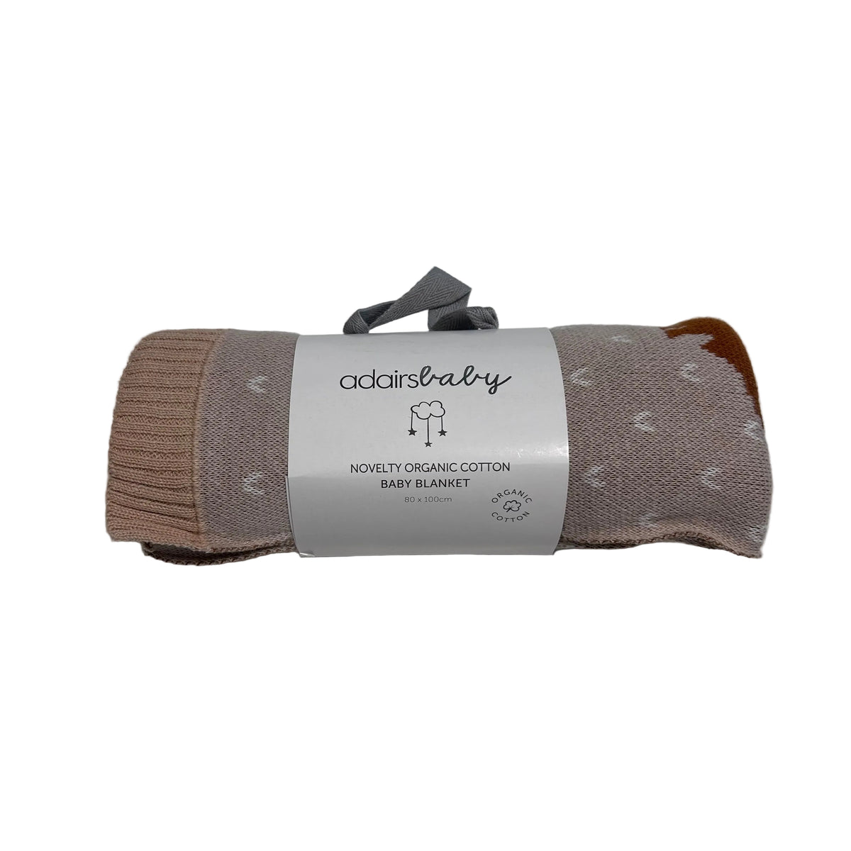 Adairs Baby Baby baby blanket in taupe, blush pink, caramel brown, white with knitted novelty animal print with star details, ribbed border — new condition.