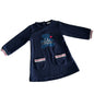 Lulu Castagnette Age 2 long sleeved sweatshirt dress in navy blue with red and silver accents with glitter teddy bear graphic on chest, two front patch pockets with silver and red stripe trim, striped cuffs — gently loved condition.