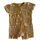 Baby Berry Age 0 short sleeve zip romper in mustard yellow and white with hawaiian tapa/tribal print with hibiscus flowers, pineapples, ukuleles, sailboats and palm trees — gently loved condition.