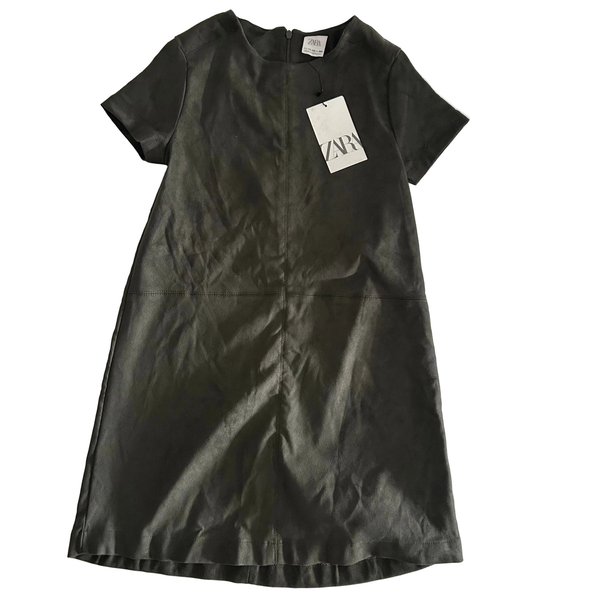 Zara Age 11 short sleeve shift dress in dark olive green with panelled seam detail — new condition.