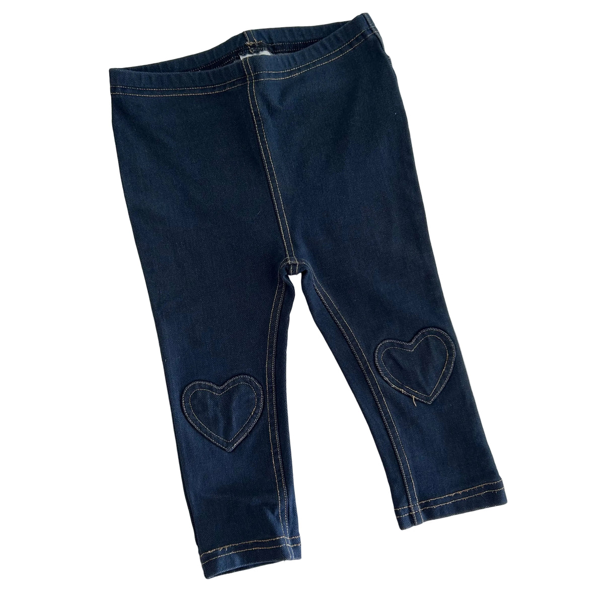 Target Age 1 denim jeggings/leggings in dark blue with heart knee patches, contrast stitching — like new condition.
