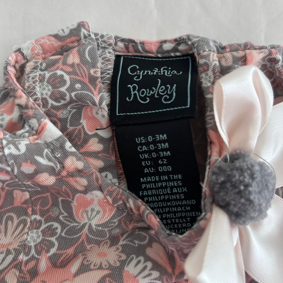Cynthia Rowley Long Sleeved Floral Dress Baby Age 000 Grey & Pink Floral