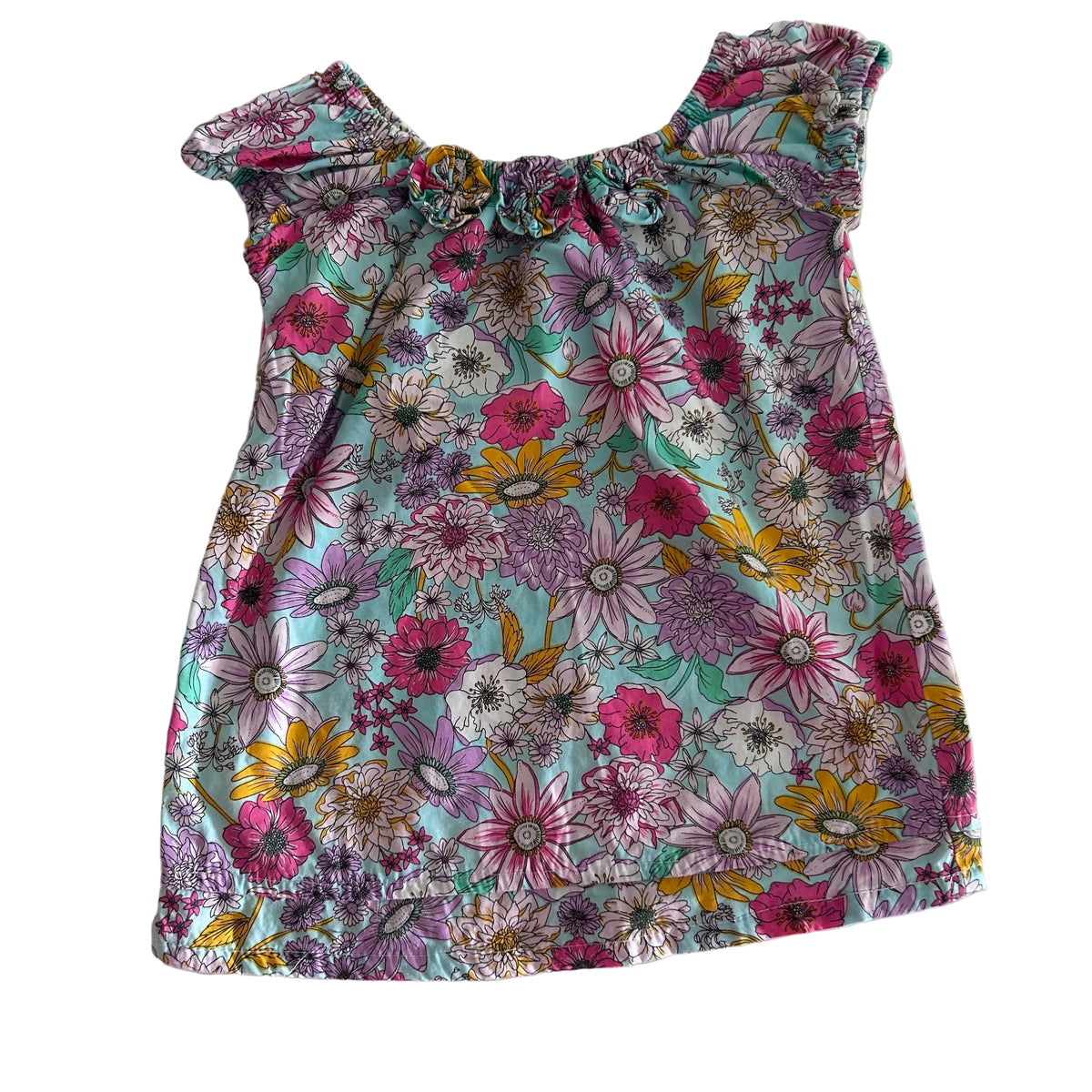Unknown Age 0 sleeveless flutter sleeve top in mint green, pink, purple, yellow, white with floral print with bow detail at neckline — gently loved condition.