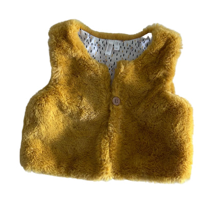 Orchestra Age 1 faux fur sleeveless gilet vest in mustard yellow with plain faux fur exterior, printed lining with black and mustard dash/raindrop pattern and small animal motifs — like new condition.