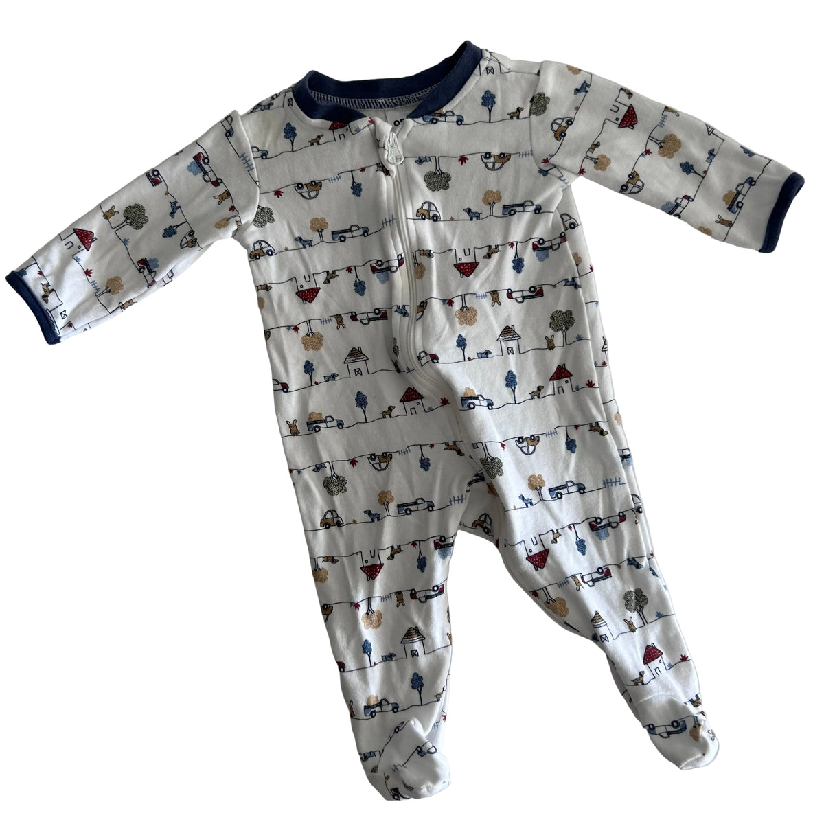 Anko Age 000 long sleeve zip onesie in white, navy blue with allover illustrated townscape print with cars, houses, trees, and animals — like new condition.