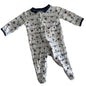Anko Age 000 long sleeve zip onesie in white, navy blue with allover illustrated townscape print with cars, houses, trees, and animals — like new condition.