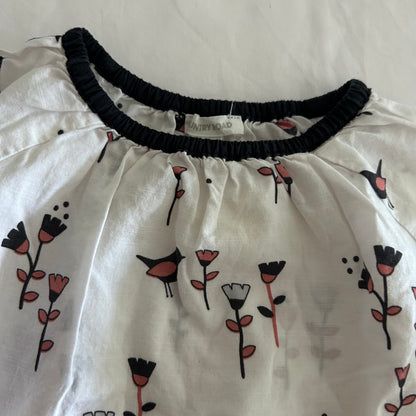 Country Road Long Sleeved Blouse Age 1 White with Black Trim, Birds & Flowers