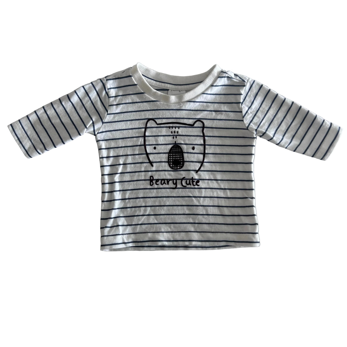Anko Age 0000 long sleeved crew neck top in white, navy with horizontal stripes, bear face graphic, 'beary cute' text print — gently loved condition.