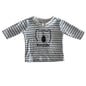 Anko Age 0000 long sleeved crew neck top in white, navy with horizontal stripes, bear face graphic, 'beary cute' text print — gently loved condition.