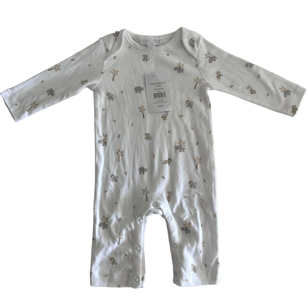 The Little White Company Age 00 long sleeve snap-crotch onesie in white with safari jungle print with elephants, monkeys, palm trees and leaves in grey and tan — new condition.