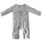The Little White Company Age 00 long sleeve snap-crotch onesie in white with safari jungle print with elephants, monkeys, palm trees and leaves in grey and tan — new condition.